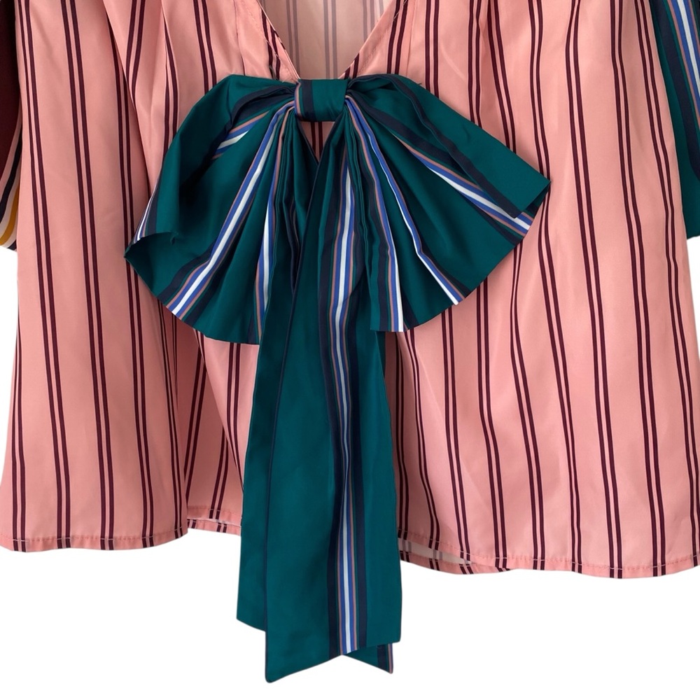 Maeve Anthropologie Taffeta Bow Swing Blouse Puff Sleeve size XS Pink Stripe - Picture 8 of 10
